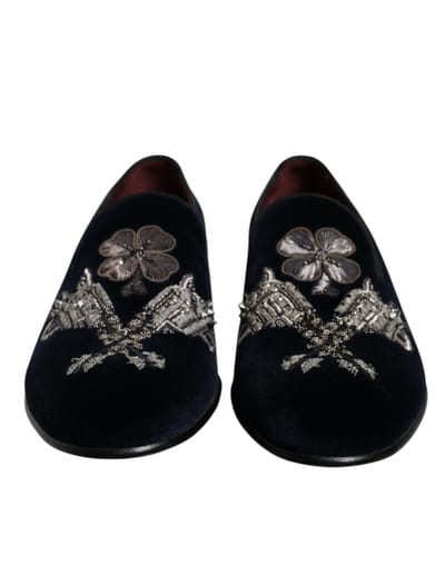 Dolce & Gabbana Zwarte Fluwelen Bloemige Pistol Loafers Heren Schoenen