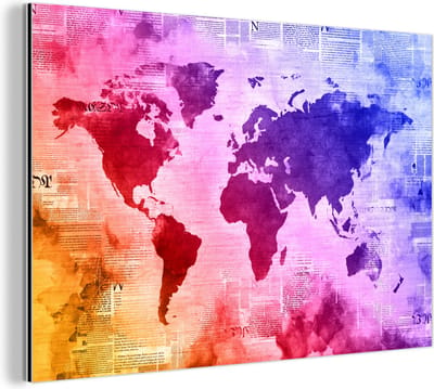 Wanddecoratie Metaal - Aluminium Schilderij Industrieel - Wereldkaart - Waterverf - Regenboog - 120x80 cm - Dibond - Foto op aluminium - Industriële muurdecoratie - Voor de woonkamer/slaapkamer