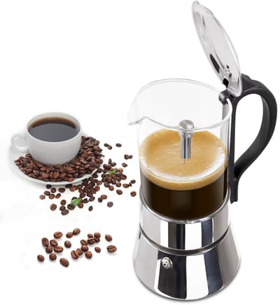 Unyqoos® Transparante espressomaker voor vier kopjes met roestvrijstalen ontwerp