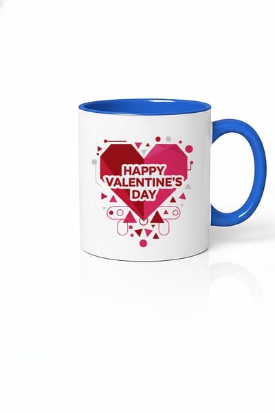 Valentijnsdag Mok 'Happy Valentine's Day' met Geometrisch Hart Design - Wit/Blauw Keramiek Cadeau