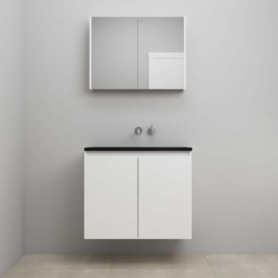 On-Line Badkamermeubelset - 80 cm - Bouwpakket - Greeploze Ladestructuur - Acryl Wastafel - zonder Kraangat - Spiegelkast - Hoogglans Wit