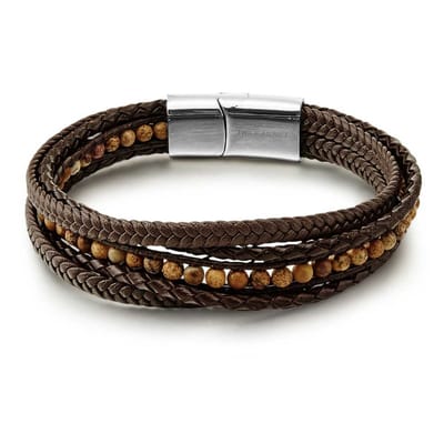 Twice As Nice Armband in edelstaal, leder en tiger eye bolletjes 21cm