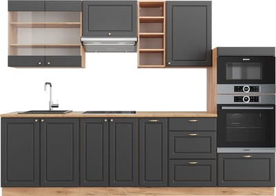 Vicco Fame-Line Complete keukeneenheid – 280 cm zonder werkblad Antraciet Landhuis/Goud Kraft Eik