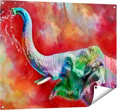 Gards Tuinposter Getekende Vrolijke Olifant - Abstract - 100x80 cm - Tuindoek - Tuindecoratie - Wanddecoratie buiten - Tuinschilderij