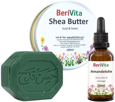 Natuurlijke Huid Verzorging Startset - Amandelolie 20ml, Shea Butter Blik 100ml, Aleppo Zeeptablet 100gr - Huidverzorging