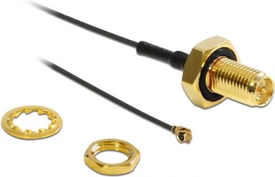 MHF I (v) - RP-SMA (v) kabel met afdichtring - Micro Coax (1,13 mm) - 50 Ohm / zwart - 0,10 meter