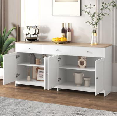 FloraGrace Dressoir - Landelijke Opbergkast Met 3 Laden En 4 Deuren - Voor Woonkamer En Eetkamer - MDF - 160x37x75 Cm - Wit Houtkleur