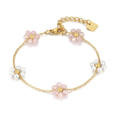Twice As Nice Armband in edelstaal, bloemen met parels Goudkleurig 16cm+3cm