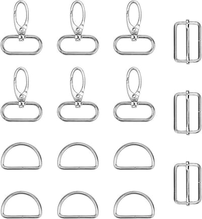 Kleurige 15-delige set met 38mm tasaccessoires: karabijnhaken, draaikoppelingen, D-ringen en laddergespen voor het maken van schouderbanden en hondenhalsbanden