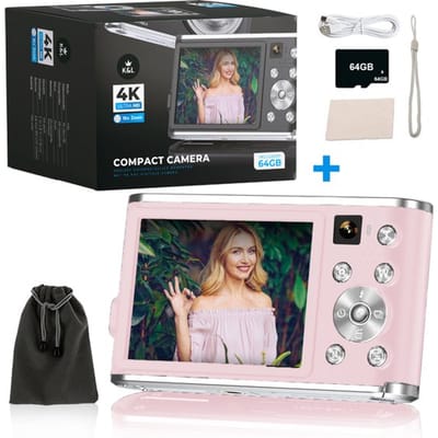 K&L Digitale Camera 4K - Fototoestel - Fotocamera - Compact Camera - Vlog Camera - Voor Kinderen - Inclusief 64GB - NL Software - Roze