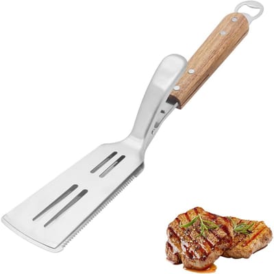 longziming - 2-in-1 BBQ Spatel en Tang - RVS Grillspatel Met Klem - BBQ Accessoire - Perforaties Voor Vetafvoer - Geschikt Voor Grillen en Bakken - 1 Stuk