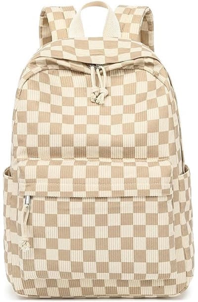 Tienerrugzak voor meisjes, schooltas met grote opbergruimte, casual rugzak, schoudertas, laptoptas, bruin geruit.