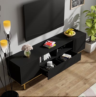 DESMIU Tv Meubel - Modern Design Met Greeploze Deuren En Lades - Opbergruimte Voor Woonkamer - Spaanplaat Zwart En Goud - 165x36x55 Cm
