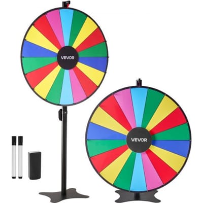 VEVOR Wheel of Fortune (914 mm) 18-slots Wheel of Fortune met standaard, in hoogte verstelbaar, loterijspellen winnende roulette met schoolbordwisser en 2 stiften, 6 kleuren, ideaal voor feestcafés, beurzen