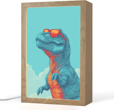 Nachtlampje 20x30 cm - Kinder lampje - T-Rex - Blauw - Wolken - Zonnebril - Tafellamp kinderkamer - Slaapkamer lamp - Bedlamp kinderen - Kinderlampje stopcontact - Wandlamp babykamer - Nachtlampjes