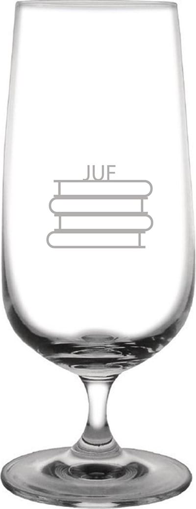Gegraveerde bierglas op voet 41cl Juf met boeken