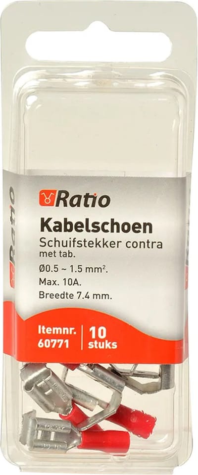 Ratio Kabelschoen Schuifstekker contra met tab 0.5-1.5mm² - Rood - 10st op blister