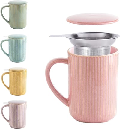 Flambe Roze Keramische Theekop van 15oz/470ml met Infuser en Deksel voor Losse Thee, Perfect voor Theeliefhebbers