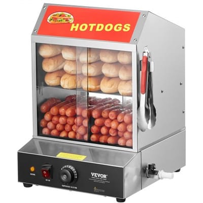 VEVOR Hotdogstomer, 27L, 2-laags hotdoghutstomer, temperatuurregeling van 30℃ tot 85℃, elektrische broodjeswarmer met schuifdeuren van gehard glas, verdeelplaattang, roestvrij staal, voor hotdogs en broodjes