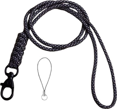 Travel Cords - keycord geknoopt zwart-wit - paracord - zwarte karabijnhaak - sleutels en telefoon - lanyard - met telefooncord - sleutelkoord