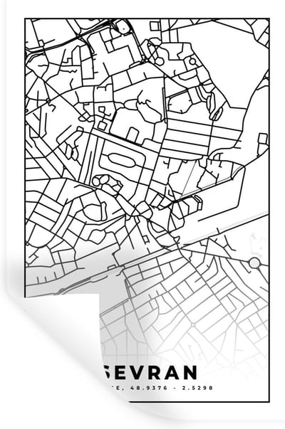 Muurstickers - Sticker Folie - Kaart - Sevran - Frankrijk - Stadskaart - Plattegrond - Zwart wit - 20x30 cm - Plakfolie - Muurstickers Kinderkamer - Zelfklevend Behang - Zelfklevend behangpapier - Stickerfolie