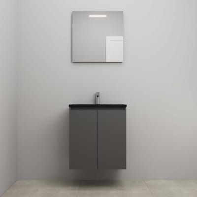 On-Line Badkamermeubelset - 60 cm - Bouwpakket - Greeploze Ladestructuur - Acryl Wastafel - 1 Kraangat - Spiegel met LED-Verlichting - Mat Antraciet