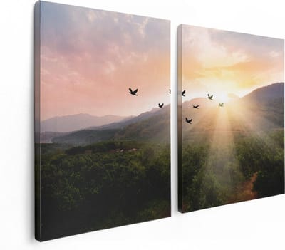 Artaza Canvas Schilderij Tweeluik Silhouet Zwerm Vogels Bij Zonsondergang - 120x80 - Foto Op Canvas - Canvas Print