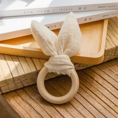 100% Katoen Baby Konijnenoor Bijtring Konijn Beukenhout Houten Rammelaar Bijtring Veilig Biologische Houten Ring Voeding Training Bijtringen Speelgoed