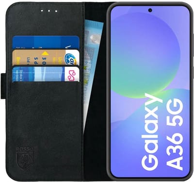 Rosso Deluxe Echt Leer Hoesje Geschikt voor Samsung Galaxy A36 | Ruimte voor drie pasjes | Portemonnee Book Case | Met Pasjeshouder | Zwart