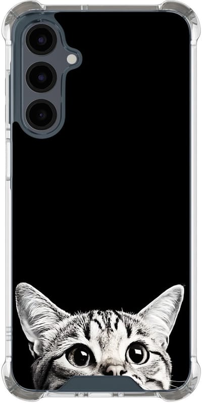 Shockproof hoesje geschikt voor Samsung Galaxy A17 - Kat kiekeboe - Schokbestendig - Verhoogde randen - TPU case - Extra Sterke Back Cover - Print - Transparant, Zwart