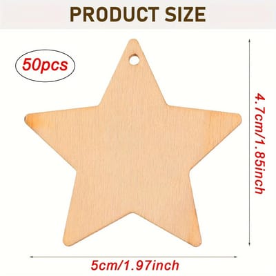 Lot de 50 décorations en forme d'étoiles en bois vierges pour bricolage et étiquettes cadeaux - Découpes à peindre avec cordes incluses, parfaites pour les décorations de vacances 50pcs beige