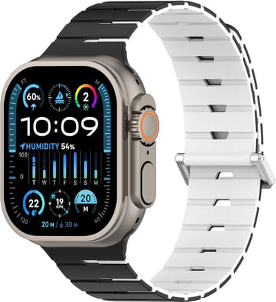 Stravo Piano-stijl Siliconen Horlogebandje met Magneetsluiting – Geschikt voor Apple Watch 42mm (Series 11/10), 41mm (Series 9/8/7), 40mm (Series 6/5/4, SE 1/2/3), 38mm (Series 3/2/1) – Tweekleurig Siliconen Bandje – Zwart / wit
