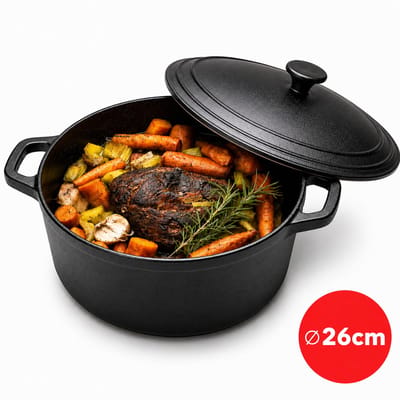 SEPH® Gietijzeren Braadpan 26 CM met Deksel - Grote Dutch Oven 5 Liter - Stoofpan, Stoofpot, Kookpot of Cocotte van Gietijzer - Cast Iron Pan voor Inductie en BBQ - Broodpan en Broodbakbol - PFAS Vrij