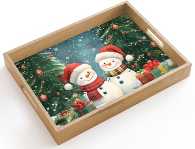 Dienblad hout 40x30 cm - Schootdienblad - Sneeuwpop - Kerstsneeuw - Groen - Rood - Borrelplank rechthoek - Plateau dienbladen