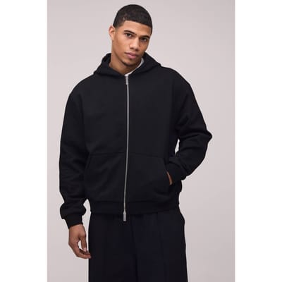 500GSM Heavyweight Oversized Boxy Zip Through Hoodie | Black | Size Small
