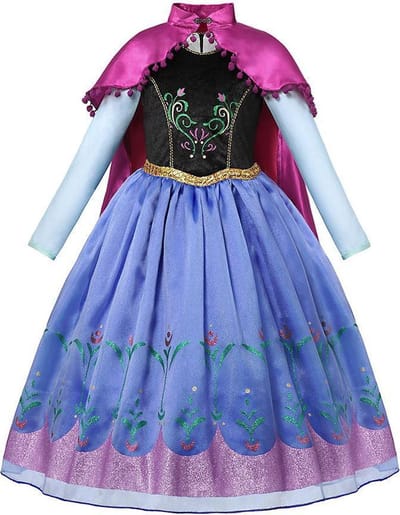 Prinses - Prinses Anna jurk met cape - Prinsessenjurk - Verkleedkleding - Feestjurk - Sprookjesjurk - Blauw - Maat 134/140 (8/9 jaar)