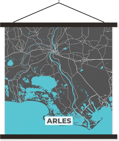 Posterhanger incl. Poster 60x60 cm - Schoolplaat - Arles - Frankrijk - Plattegrond - Stadskaart - Kaart - Textielposter - Zwarte latten - Stadskaart