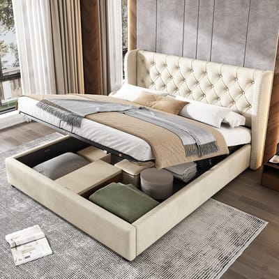 Gestoffeerd Chesterfield tweepersoonsbed met hydraulische opbergbox - Slaapkamer en logeerkamer 140x200 cm - Beige - Oorvormig hoofdeinde met knopstiksels - Hydraulisch opbergsysteem met gasveer - 300 kg draagvermogen