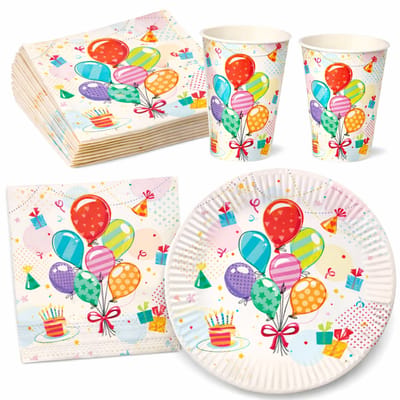 Wegwerp Servies Set Verjaardag "Feestje" - 20 personen- 20 x Borden 23cm Bekers 0,2 l Servetten 3-laags 33 cm x 33 cm feest Feestartikelen