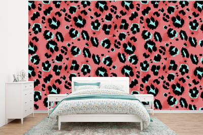 Behang - Fotobehang Panterprint - Roze - Blauw - Patroon - Breedte 320 cm x hoogte 240 cm