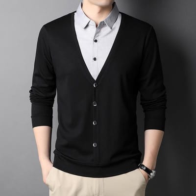 Nep Tweedelig Trui Shirt met Herfst en Winter Heren Zakelijk Onderhemd Casual Trui Lange Mouwen 4XL black