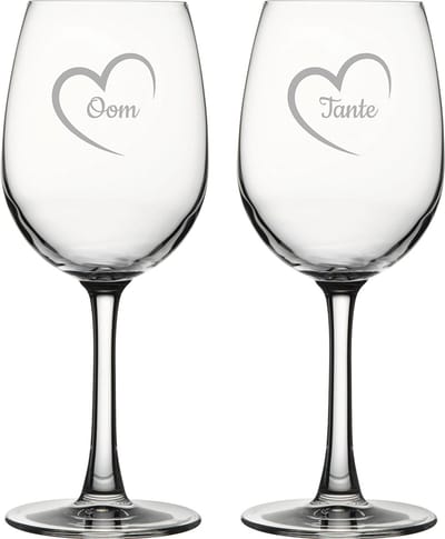 Gegraveerde witte wijnglas 36cl Tante met hartje & Oom met hartje