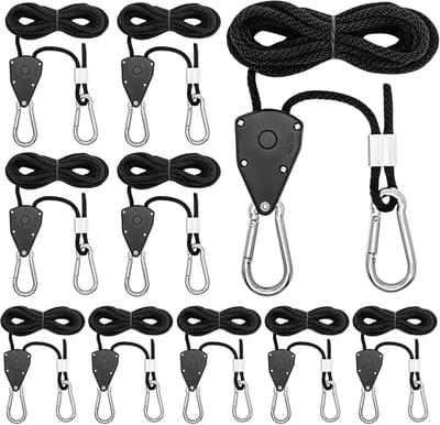 Pak van 10 ratelhangers - Heavy Duty kabelratel met haken - Verstelbare kabelhaken - Ratelkabelratel 2 m, 1/8 inch voor planten, ventilatoren en lampen