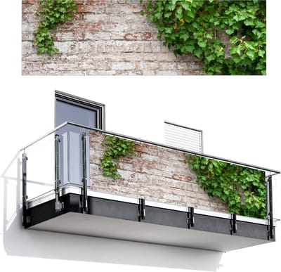 Balkonscherm 300x95 cm - Balkonposter Klimop - Groen - Stenen - Wit - Bladeren - Balkon scherm decoratie - Balkonschermen - Balkondoek zonnescherm