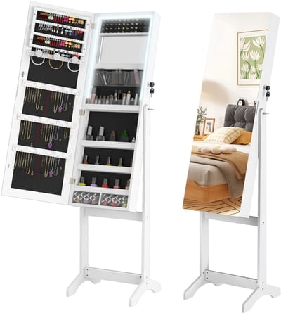 NAIZY Sieradenkast met spiegel spiegelkast make-upkast staand met verlichting afsluitbaar sieradenopberger make-up organizer 2 in 1 met passpiegel staande spiegel, wit