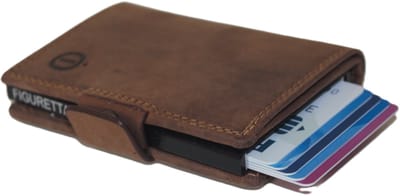 Oi Hunter bruine leren portemonnee met figuretta Cardprotector zonder muntvak / compacte beurs met metalen pasjeshouder / anti skim kastje in zeer kleine portemonnee / bruin leer /534AH