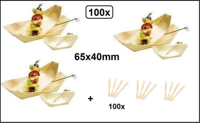 100x Houten bootje 65x40mm met Amuse 2-tands vorkje 90mm bamboe - Amuse tapas snacks punt zak kerst restaurant diner festival feest party