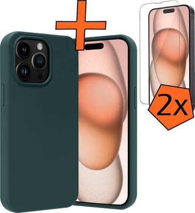 Hoes - Met 2x Screenprotector - Geschikt voor Apple iPhone 15 Pro - Sterk & Shockproof - Back Cover - Siliconen Case - Telefoon Hoes - Donkergroen