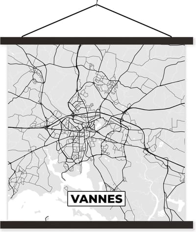 Posterhanger incl. Poster 60x60 cm - Schoolplaat - Stadskaart - Frankrijk - Kaart - Vannes - Plattegrond - Textielposter - Zwarte latten - Stadskaart