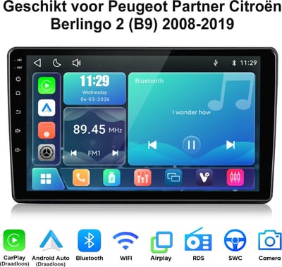 Junsun lINUX Draadloos Carplay & Andriod Auto Geschikt voor Peugeot Partner Citroën Berlingo 2 (B9) 2008-2019 - 9 Inch HD TouchScreen - Bluetooth - GPS navigatie- WiFi -FM - RDS- Airplay - Quad-core processor